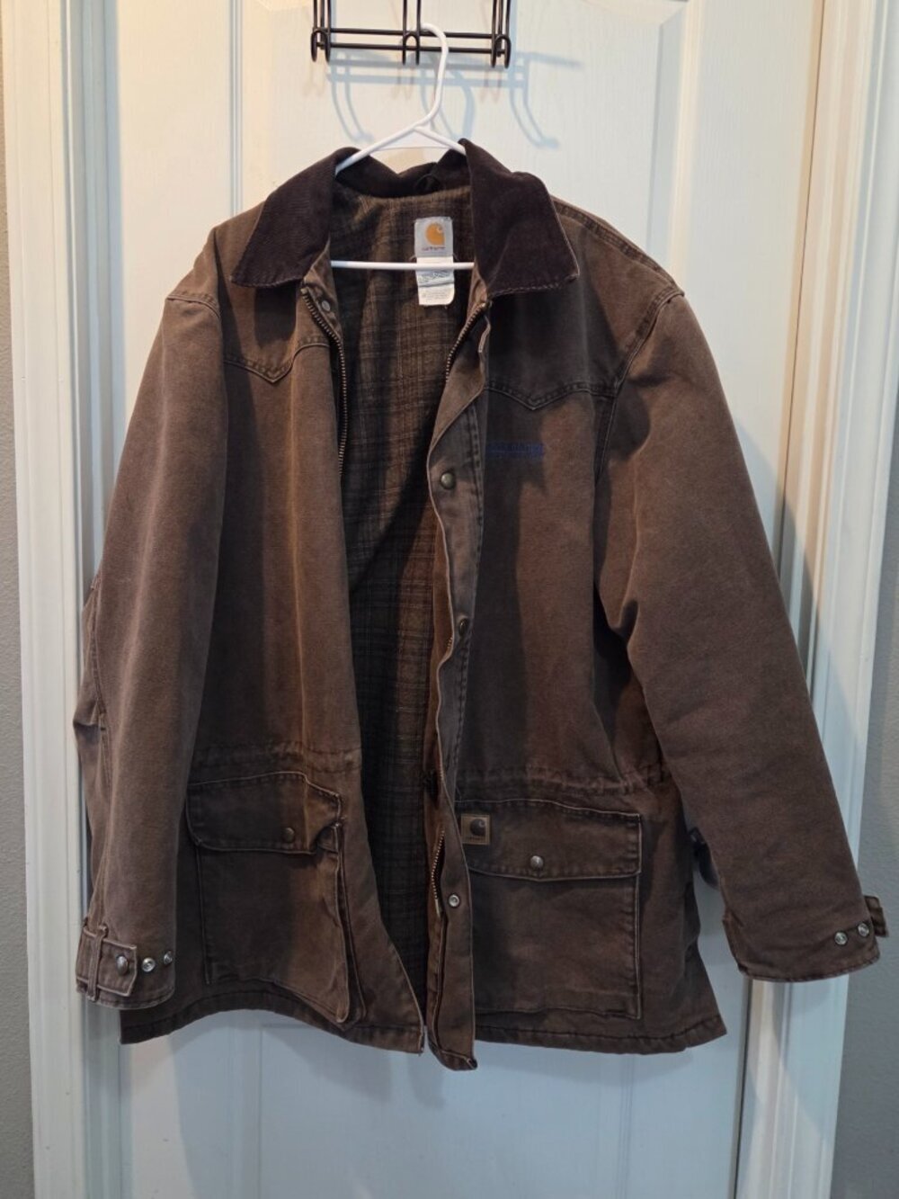 Vintage Carhartt Brown Duck Canvas Plaid Flannel Lined Coat Jacket XL-2XL - Picture 2 of 11